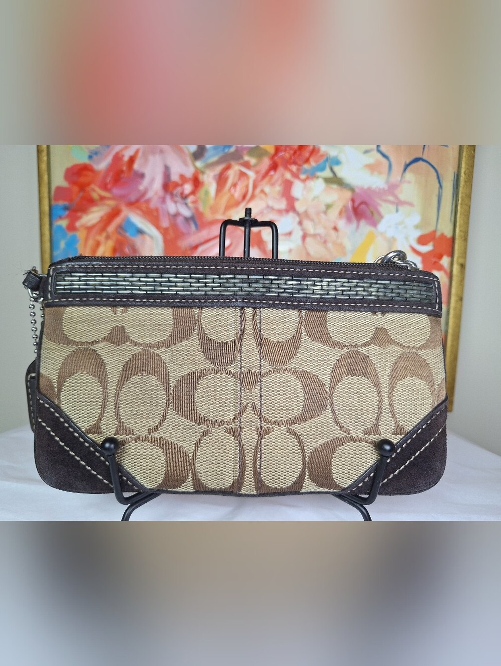 Vintage COACH Beaded Signature Canvas Suede Trim Wristlet Y2K Brown Hangtag VGU